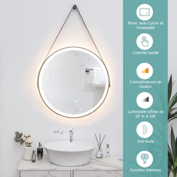 COSTWAY LED Rund Badrumsspegel Ø 60 cm, 2 Touch-knappar, Trefärgad belysning, Anti-dimma, Minne, Läderrem Svart