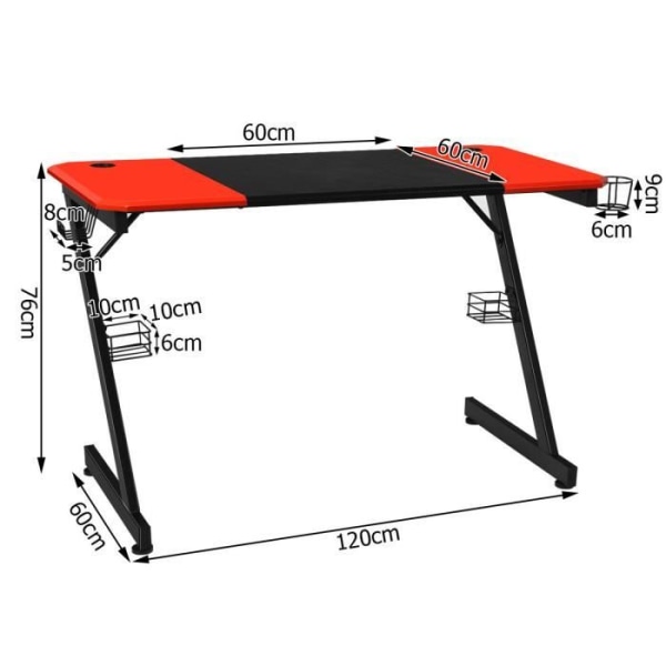 COSTWAY Gaming Desk 120X60X76CM Carbon Fiber Gaming Desk med kopholder, krog til hovedtelefoner og lydstativer röd och svart