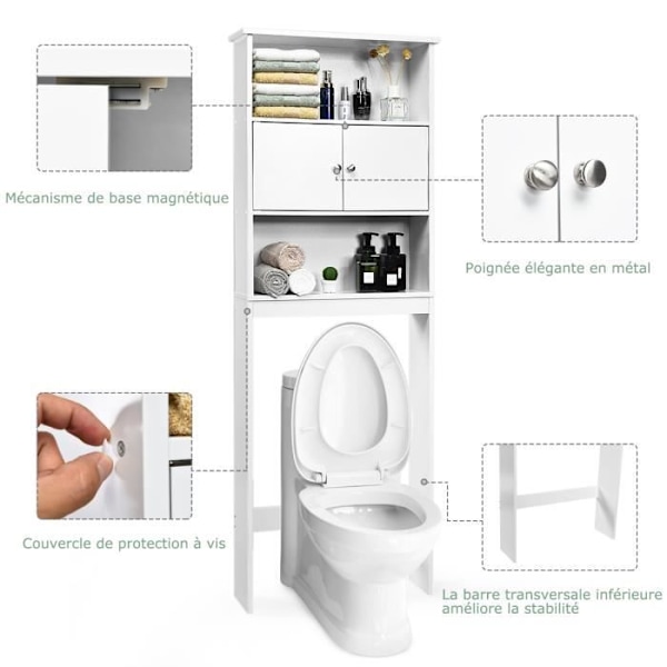 COSTWAY Hylde over toilet med skab med 2 døre og 2 åbne rum, badeværelse, 63 x 19,5 x 175 CM Vit