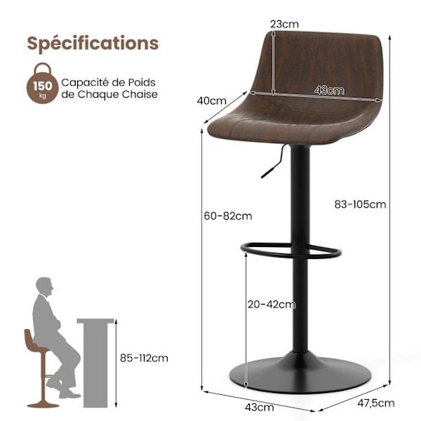 COSTWAY 2 Kappaletta Korkea Baarituoli, Käännettävä ja Korkeudeltaan Säädettävä 60-82cm, Pehmustettu Selkänojalla, Metallirunko, Keittiöön