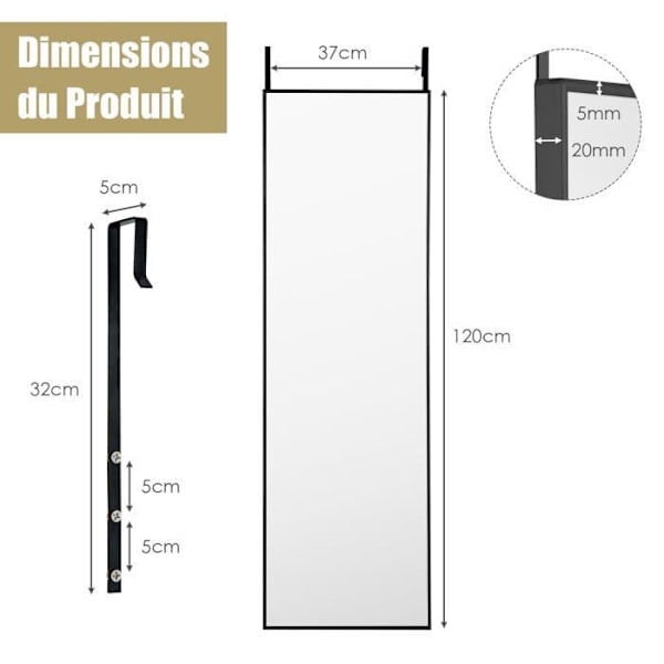 COSTWAY Väggspegel - Svart - 120 x 37 cm - Aluminiumlegering - Justerbara hängkrokar Svart