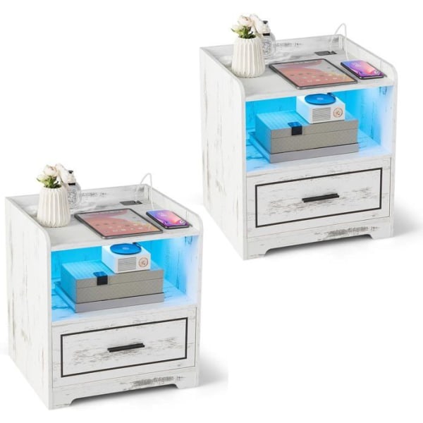 COSTWAY Set med 2 LED-sängbord med 1 TYPE-C + 1 USB, 3 ljusfärger, Smart Sensor, 45 x 40 x 50 cm, Vit Svart