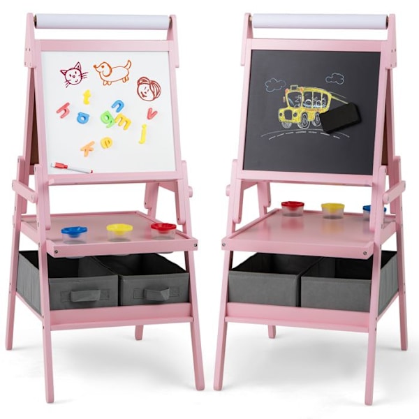 COSTWAY Kunstnerstaffeli 3 i 1 - Magnetisk Tavle i Sort & Hvid, Papirrulle & 2 Stofbeholdere til Børn 3-6 År Rosa Grön
