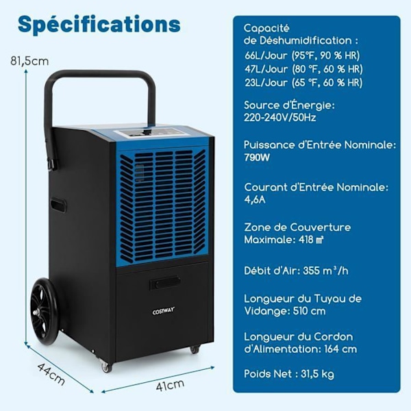 Professionel Affugter 66L/Day COSTWAY - Op til 418 m² - 2 Blæserhastigheder - 24 timers timer - Pumpe - Afløbsrør - Blå