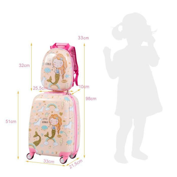 18" lasten matkalaukku ja 12" reppu - COSTWAY - Mermaid Design - 4 pyörää - Säädettävä kahva Rosa