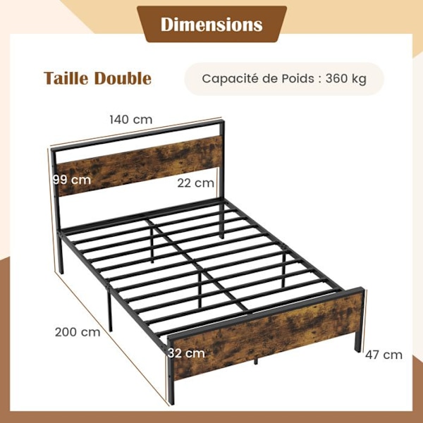 COSTWAY Taittu Sänky Aikuisille Lapsille 140 x 200 cm Pääty, Metalliset Laudat, Vuodealan Varaus, Sängyn Rakenne Kestävä 360 kg Rustik brun