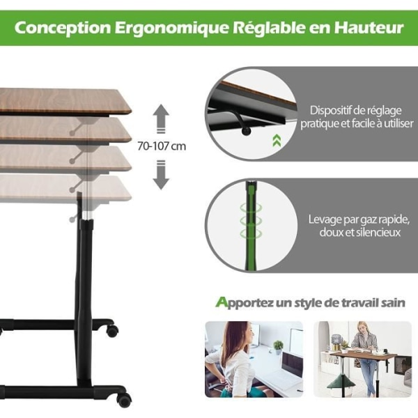 COSTWAY Sid-Stå skrivebord, Højdejusterbar håndsving 70 - 106,5 CM med Bakke 95 x 52 CM Brun Brun