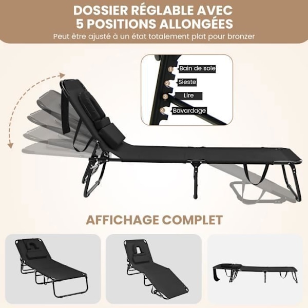 COSTWAY 5-positions justerbar foldbar loungestol - nakkestøtte og ansigtshule, til terrasse, camping, 160 kg, sort Svart