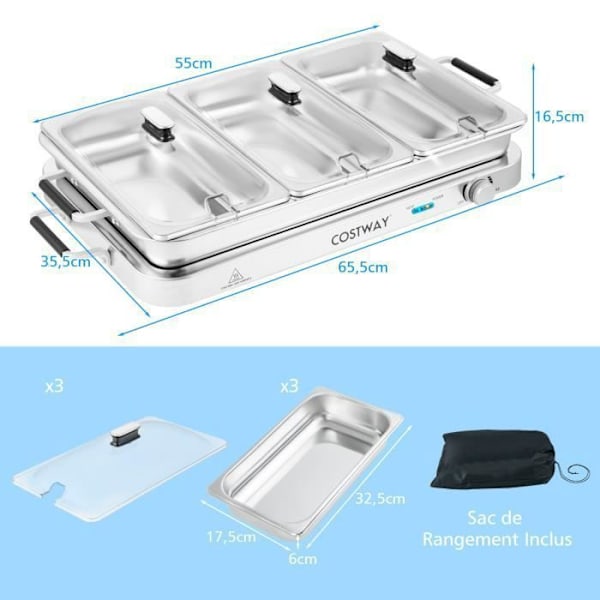 COSTWAY 2 i 1 elektrisk matvärmare-450 W-Rostfritt stål-Justerbar temperatur 50-150°C-3 brickor 3 x 3L-halkfria fötter Pengar