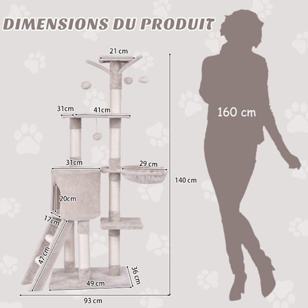 Multi-niveau katte træ 140 cm COSTWAY, sisal kløemøbler, condo, kurv, siddeplads, stige, pomponstang, hængende bolde Beige