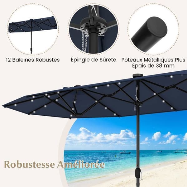 Parasol Dubbel Trädgård XXL 400 x 200 x 240 cm - COSTWAY - 36 LED-lampor - Bas Ingår - 12 Spretar - Rektangulär Blå