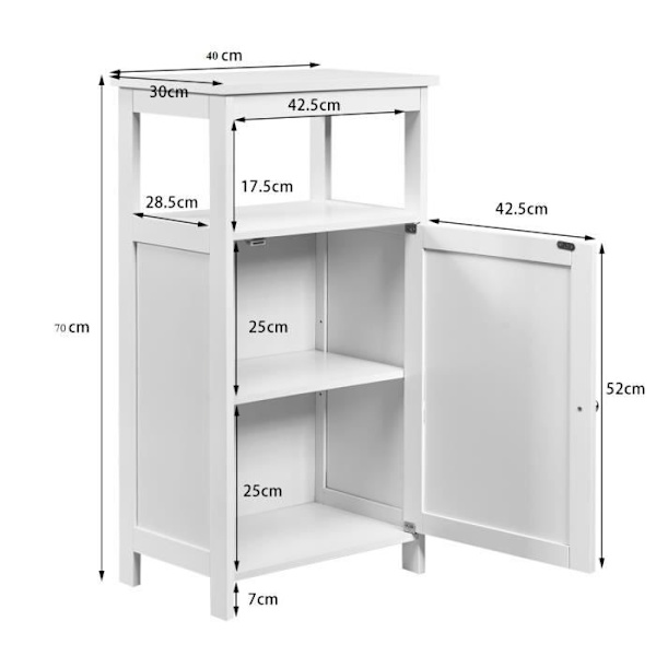 COSTWAY badeværelsesmøbler med enkeltdør og justerbar opbevaringshylde 40 x 30 x 70 CM i træ til bolig, stue, hvid Vit