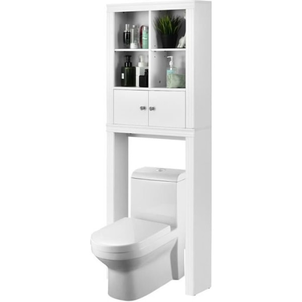 COSTWAY WC-skåp ovanför toalett/tvättmaskin, 4 öppna fack, 1 skåp med 2 dörrar, anti-tilt vit
