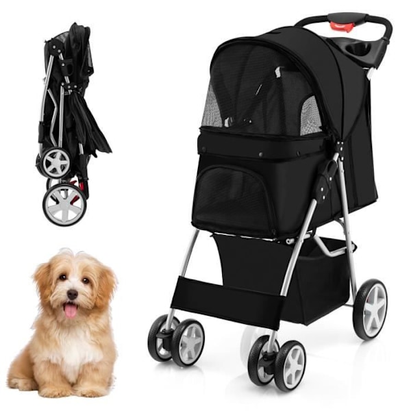 COSTWAY Foldbar Pet Buggy Klapvogn 4 Hjul Belastning 15KG Katte/Hundevogn med kopholder og opbevaringskurv Sort