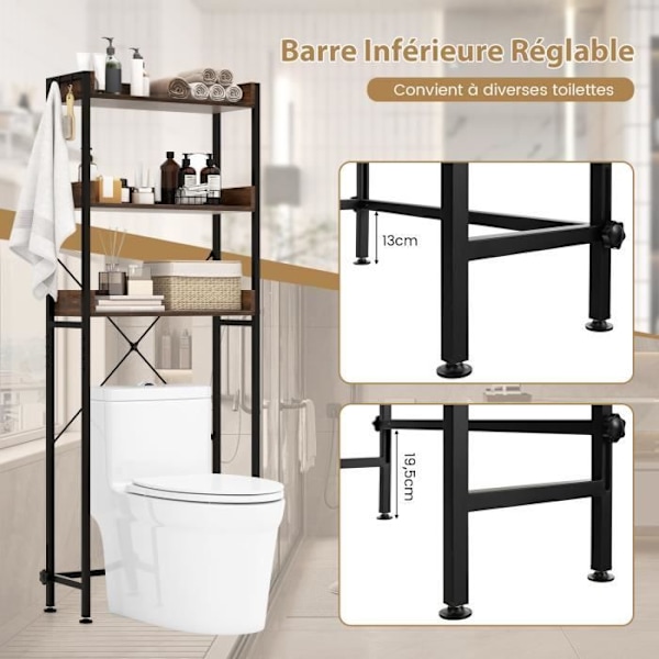 COSTWAY badeværelseshylde - 3 niveauer toiletenhed - 4 kroge - Justerbar stang - Brun kastanj