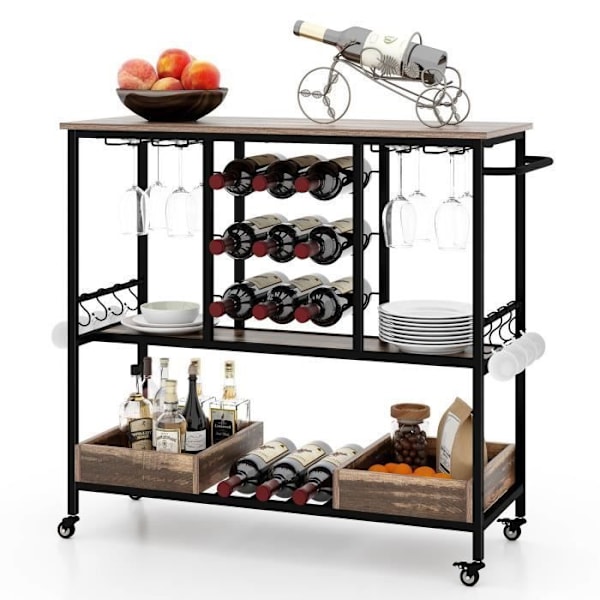 COSTWAY 3-tiers barvogn - glasholder, flaskeholder, opbevaringsboks - lys farve Klar