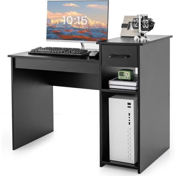 COSTWAY Rak datorskrivbord - svart dekor - L 108 x D 39,5 x H 82cm - 1 låda och 2 förvaringsfack - Modernt