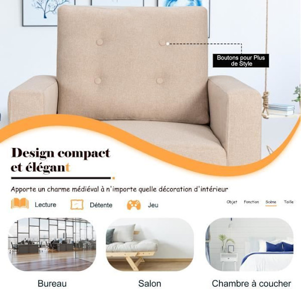 COSTWAY Bekväm 1-sits vardagsrumsfåtölj - 2 sidofickor, sängstol i linne, ben i beige gummiträ Beige