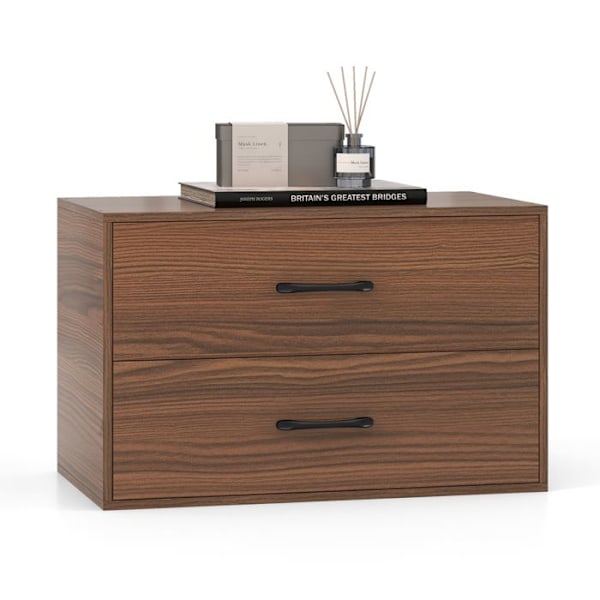 COSTWAY Stabelbar 2-skuffers kommode, med anti-tip-sæt, til soveværelse, stue, kontor, 60 x 34 x 38 cm, valnød