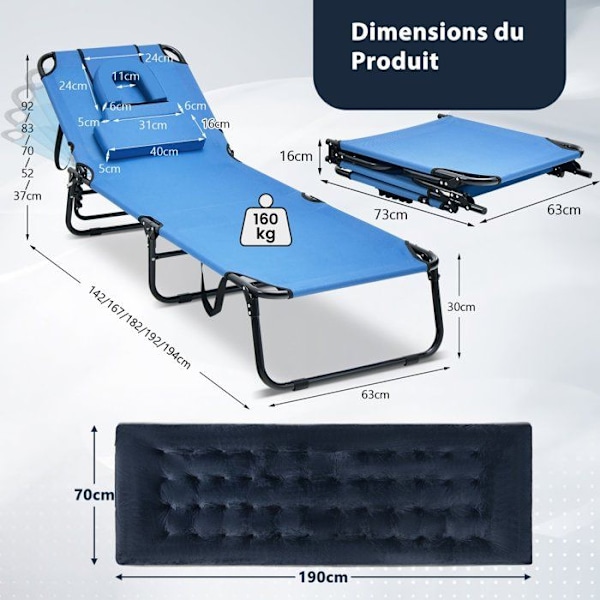COSTWAY Fällbar Chaise Longue med Campingmadrass i Sammet, Justerbart Huvudstöd i 5 Positioner, 194x63x37cm, 160kg, Blå Blå