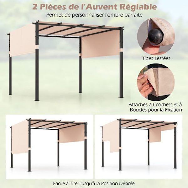 Trädgårdspergola 305 x 305 x 215CM COSTWAY-Infällbar markis-2 Roll-up solskydd 450x132cm-Platt tak-Metal Shelter-Beige