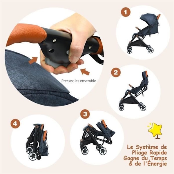COSTWAY Barnvagn 0-3 år gammal Enhandsfällbar med stång, justerbart ryggstöd-fotstöd, infällbar kapell, Tether Strap Blue Blå, svart och brun