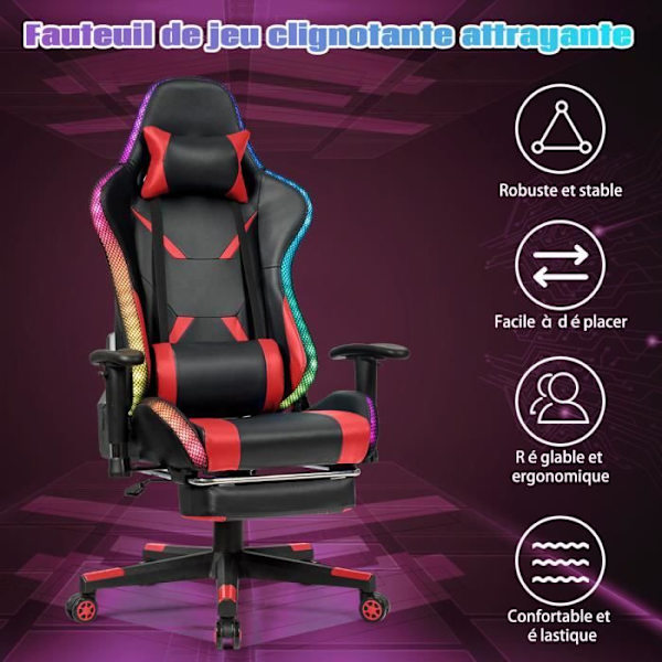 COSTWAY RGB pelituoli, pelituoli, LED-valaistus 358 PU-efektit selkänojalla, korkeudella ja säädettävällä jalkatuella, punainen Röd