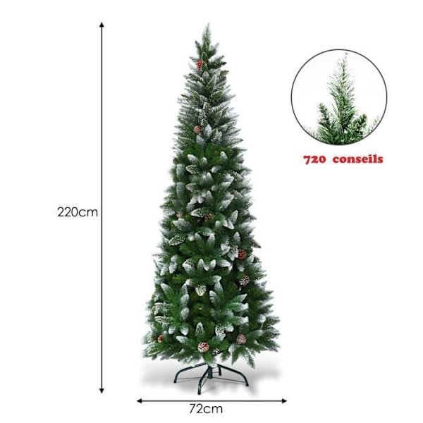 COSTWAY konstgjord julgran 220 CM PVC-nålar med snö 720 grenar Metallstativ Utomhus Grön 39 kottar Grönt, vitt och brunt
