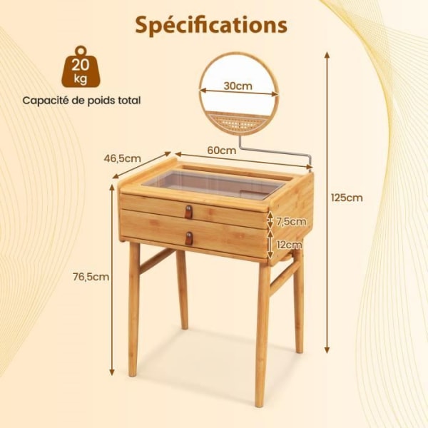 COSTWAY Bambu Sminkbord med vridbar spegel, Skiva av härdat glas, Sminkbord med 2 lådor, halkfria fötter