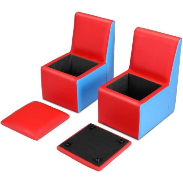 COSTWAY Barnsoffa 2-sits Konvertibel till bord och 2 stolar Set med sidofickor PVC blå och röd
