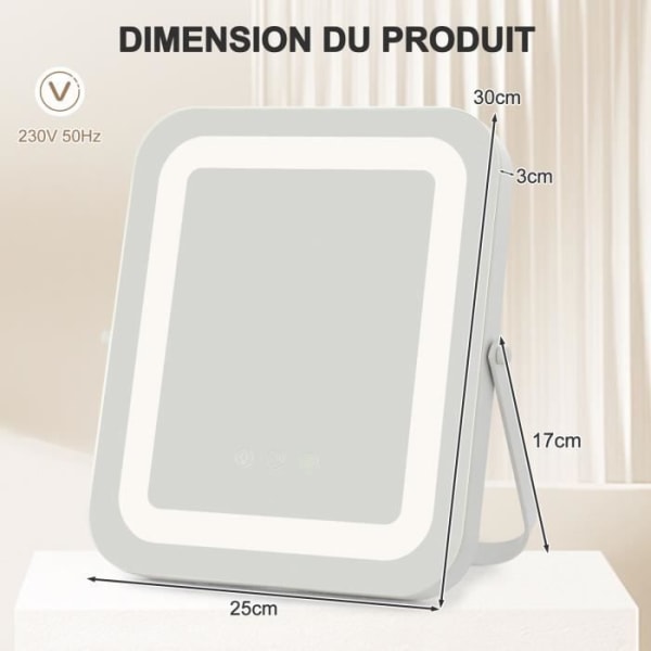 COSTWAY Square Makeup Spejl 25x30CM - Justerbart LED-lys, berøringsskærm, 360° rotation, hukommelsesfunktion, metalstativ