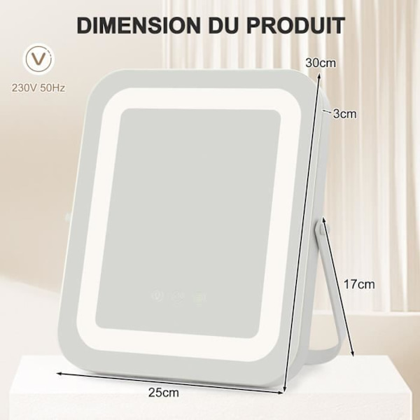 COSTWAY Square -meikkipeili 25x30cm - Säädettävä LED-valo, kosketusnäyttö, 360° kierto, muistitoiminto, metallijalusta