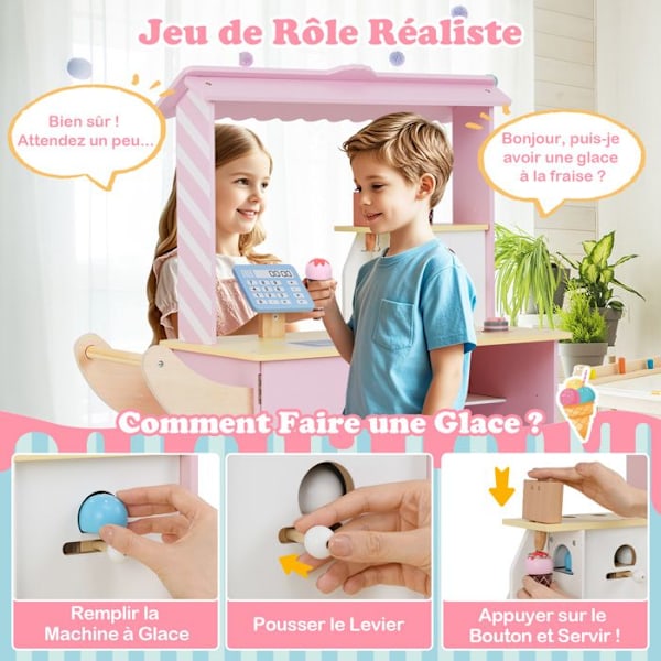 COSTWAY børneisvogn Dessertbutik 15 tilbehør, pengekasse med skærm og scanner, automatisk dispenser, pink