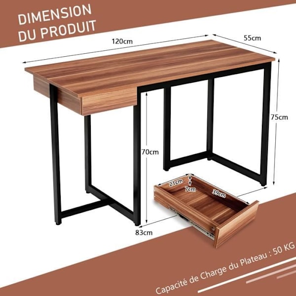 COSTWAY computerbord med skuffe, metalramme, justerbar fodstøtte, 120 x 55 x 75 cm, valnød Valnöt