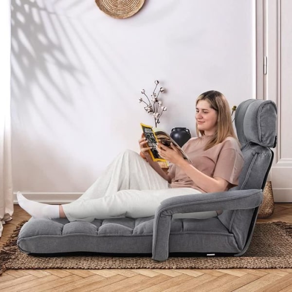COSTWAY Relax Fåtölj för vardagsrum, schäslong golvstol - 5 vinkel justerbart ryggstöd med nackstöd och fotstöd grå