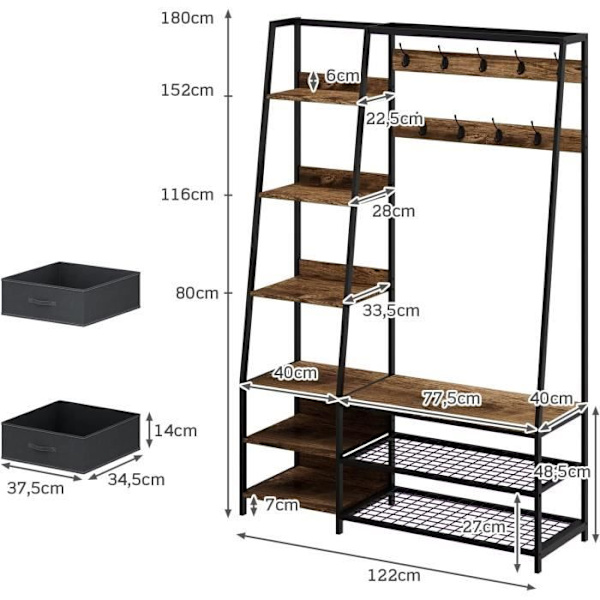 COSTWAY-aulayksikkö, iso naulakko - 9 kaksoiskoukkua, 2 laatikkoa, 6 hyllyä, 1 teollisuustyylinen kenkäpenkki