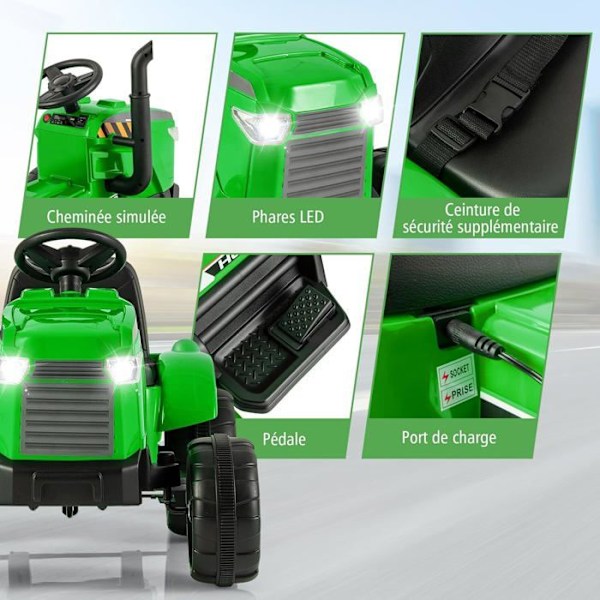 COSTWAY El-traktor 12V 7AH - 2,4G Fjernbetjening, Fjederophæng, LED, Horn, Soft Start, 3 - 8 År, Grøn