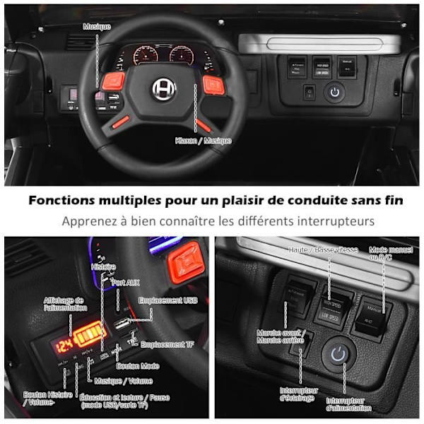 COSTWAY 12V sähköinen 4x4 auto lapsille 3+ vuotta, 2 istuinta, 2.4G kaukosäädin, LED valot ja musiikki, musta Svart