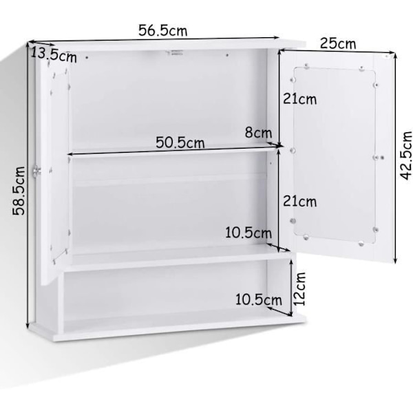 COSTWAY badrumsskåp med spegelförvaringsenhet med 3 hyllor och 2 dörrar 56,5 x 13 x 58,5 CM Vit Vit