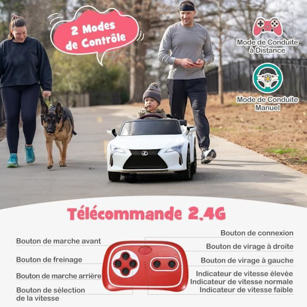 LEXUS elbil 12V/7 Ah för barn 3-8 år, 2,4G fjärrkontroll, 2 motorer, LED, horn, MP3, Story, 3-8 år, vit Vit