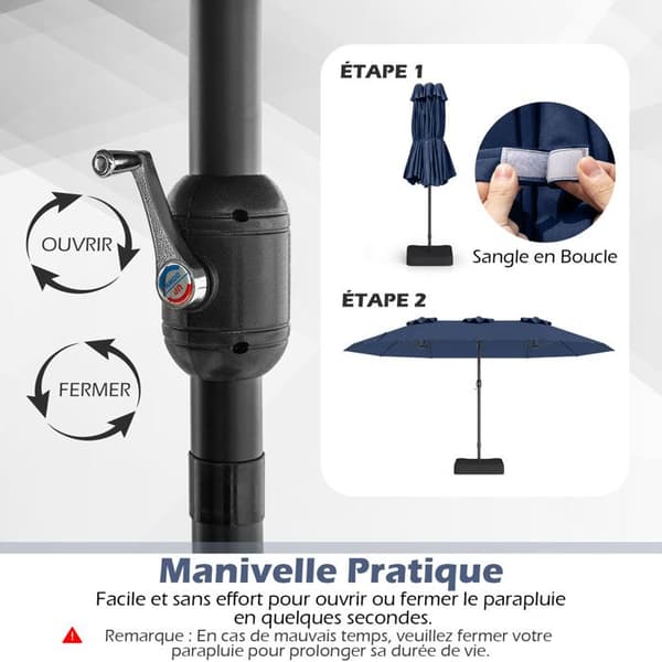 Parasol Dobbelt Have 470x285cm Rektangulær - COSTWAY - Base og 2 Sandposer (Uden Sand) - 12 Robuste Spidser - Blå
