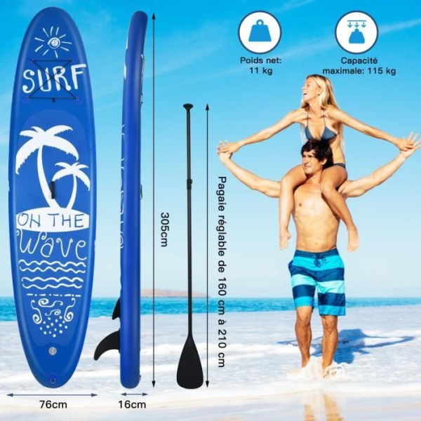 COSTWAY Oppustelig Stand Up Paddle Board 305x76x15CM PVC Tilbehør Bærbar Taske Justerbar Paddle Bund Finner Håndpumpe Snor