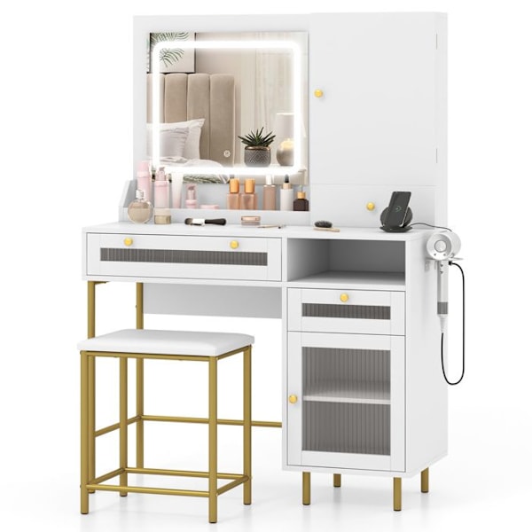 Ensemble Coiffeuse og Taburet COSTWAY, LED Spejl med 3 Farver, Laderenhed, Smykke Skab og 3 Skuffer, Ideel Gave Vit