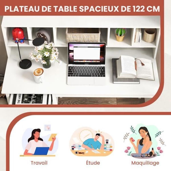 COSTWAY 120 cm computertabel med 5 rum og 2 opbevaringsskuffer, hvid