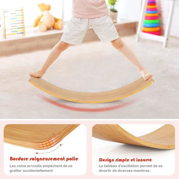 COSTWAY Bamboo Rocker Træningsbalancebræt med afrundede kanter 90,5 x 30 x 16,5 cm Belastning 150 kg til småbørn