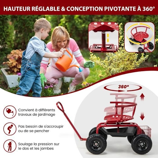 COSTWAY Trolley drejelig havestol på mobile hjul med forskellig opbevaring, justerbar højde 60-69 CM, belastning 135 KG Röd+svart