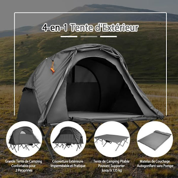 COSTWAY 2-personers upphöjt campingtält Självuppblåsande madrass Bärväska Hjulförsedd Flysheet Lampkrok Grå