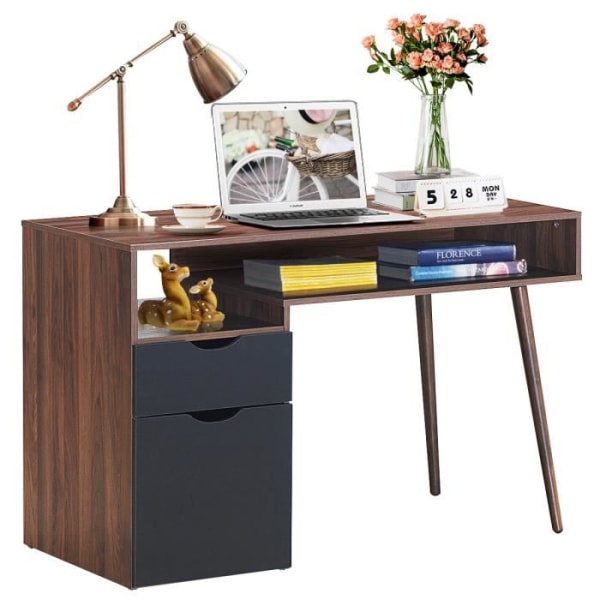 COSTWAY computerbord 120 x 55 x 78 CM med dørskab og skuffe Moderne computerbord rustik brun Brun + svart