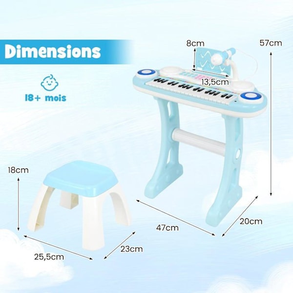 Keyboard Klaver til børn 37 tangenter med skammel COSTWAY-4 Percussion-effekter-8 Instrumenter-Justerbar mikrofon-Lyse-Blå