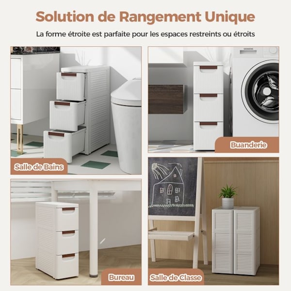 COSTWAY Smal Commode med 3 Skuffer, med Integrerede Hjul, til Badeværelse, Studie & Stue, 42 x 19 x 57 cm, Hvid Vit